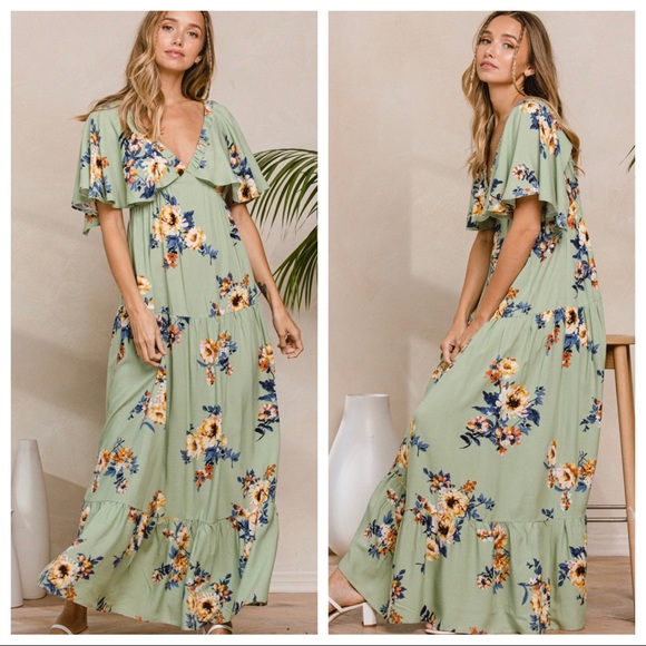 08 Most Fabulous Boho Chic Floral Flutter Sleeve V Neck Long Tier Maxi Dress - Picture 4 of 4